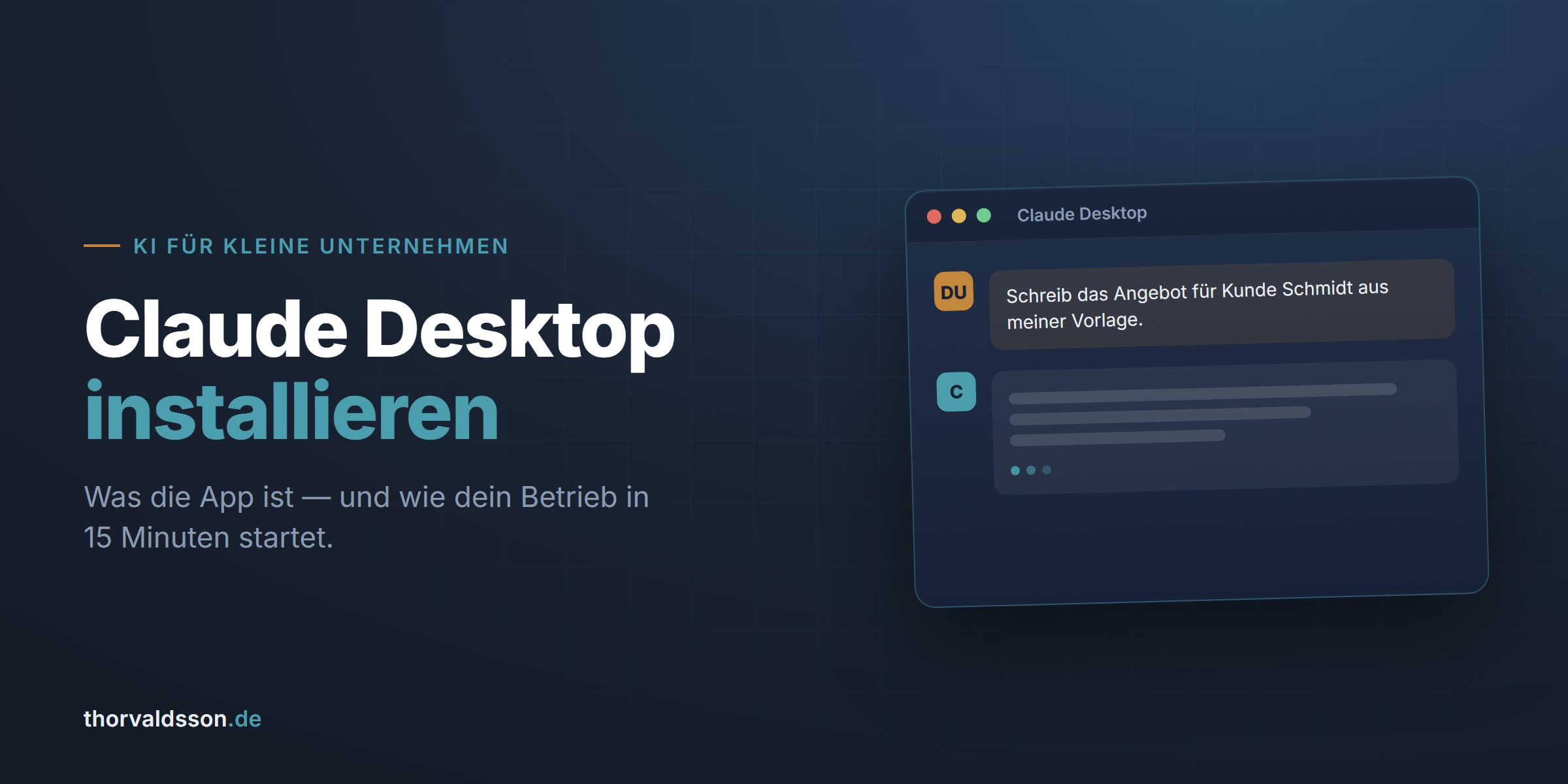 Claude Desktop App-Fenster mit einem Arbeitsauftrag — KI-Arbeitsplatz für kleine Unternehmen