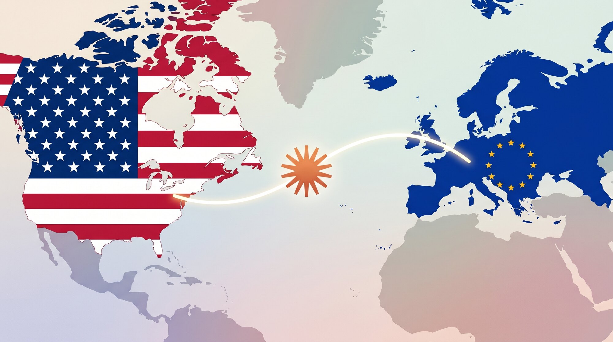 Weltkarte mit den USA in Stars-and-Stripes, einer Verbindungslinie über den Atlantik nach Europa in EU-Blau und dem Claude-Logo in der Mitte — KI-Zugang als geopolitische Frage