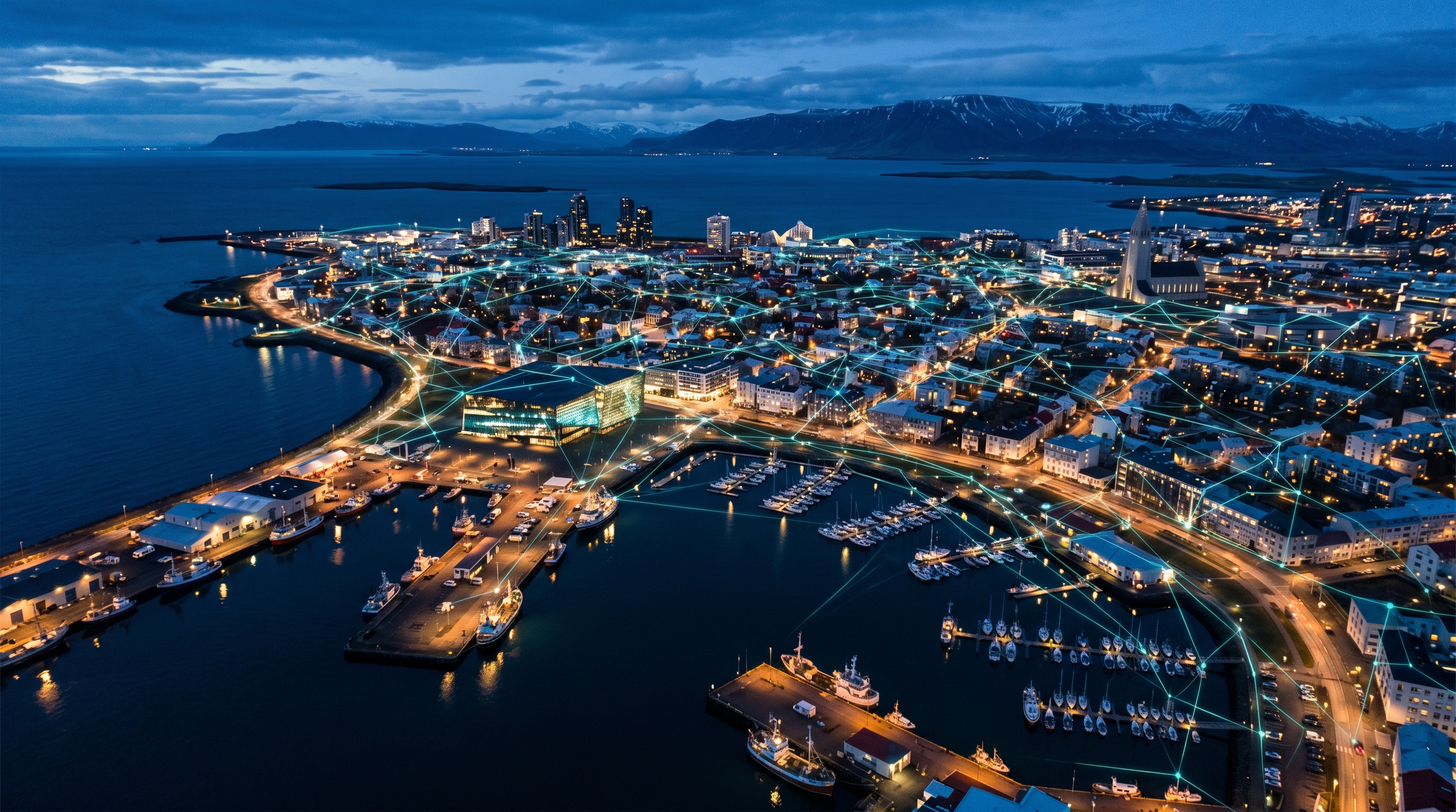 Reykjavik Hafen von oben bei blauer Stunde mit digitalen Verbindungslinien